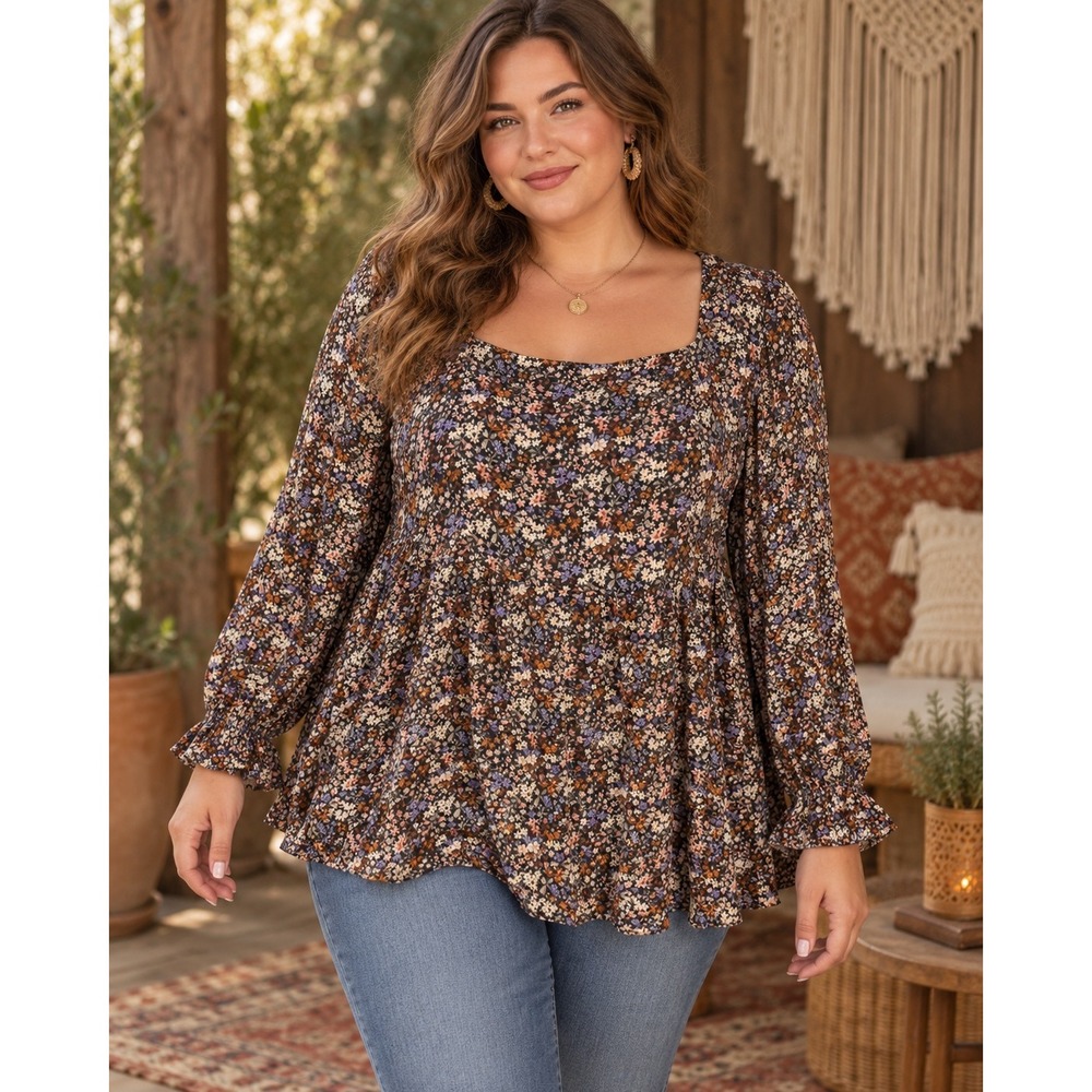 554. American Eagle Boho Floral Babydoll Top Square NeckLarge